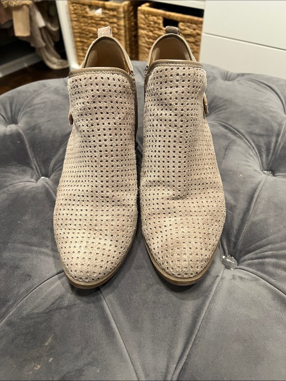 Franco Sarto Taupe Perforated Suede Ankle Booties
